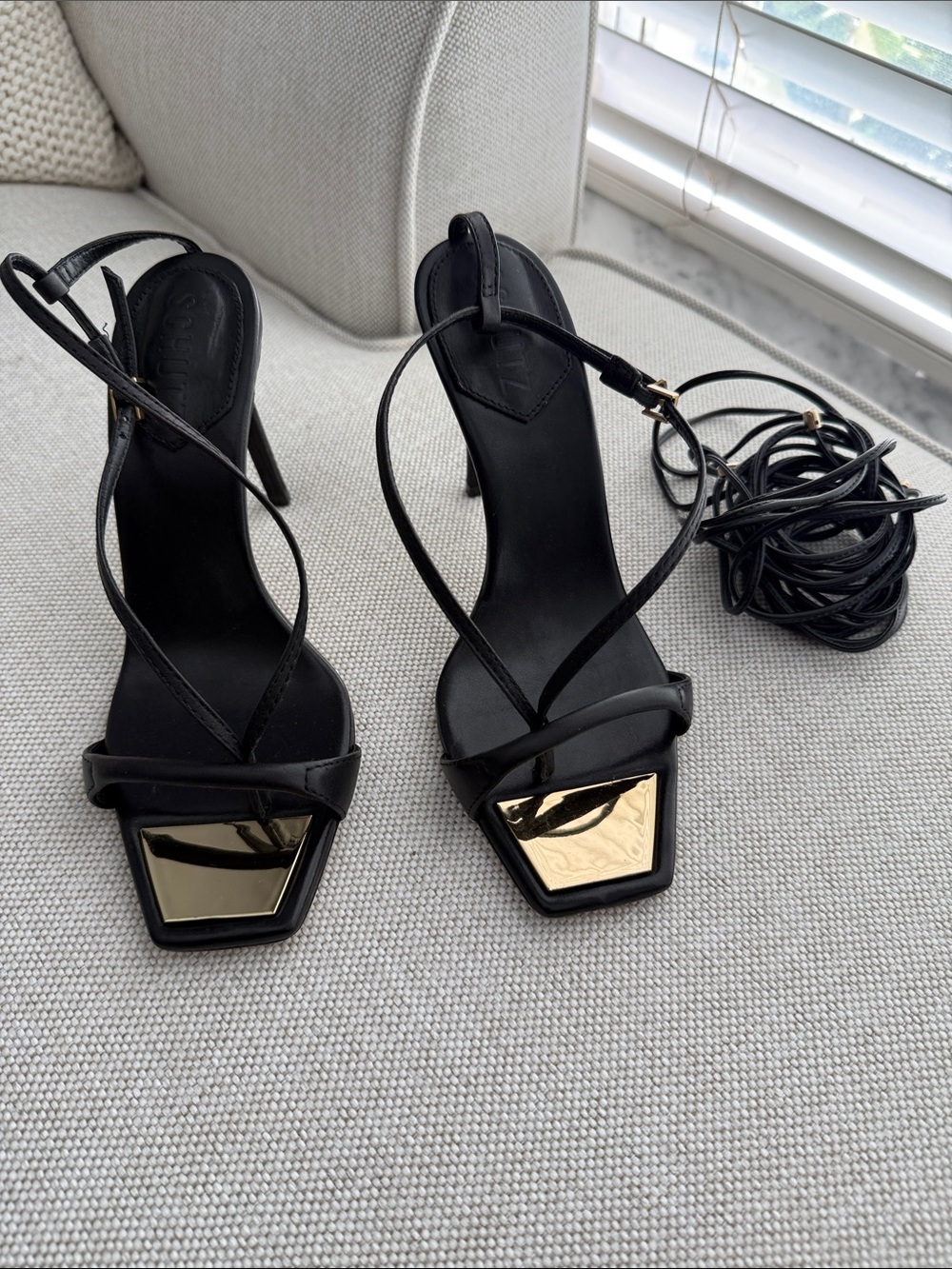 SCHUTZ Black Strappy Heeled Sandals with Gold Toe Plate